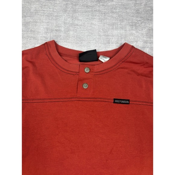 Harley Davidson Shirt Mens XL Orange Long sleeve Henley Embroidered Double Sided - Picture 4 of 13